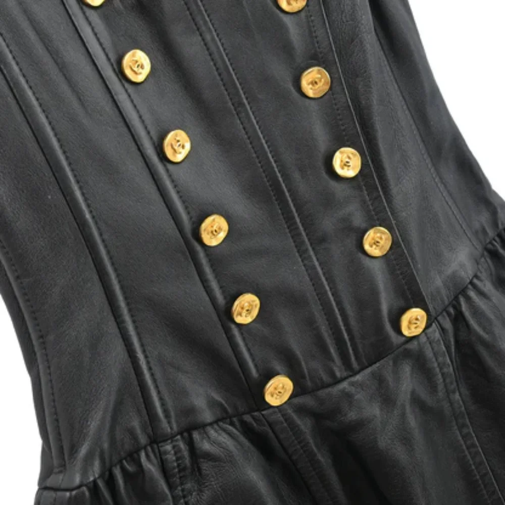 Chanel 1993 Black Gold Fishbone Leather Chain Dress CC Buttons